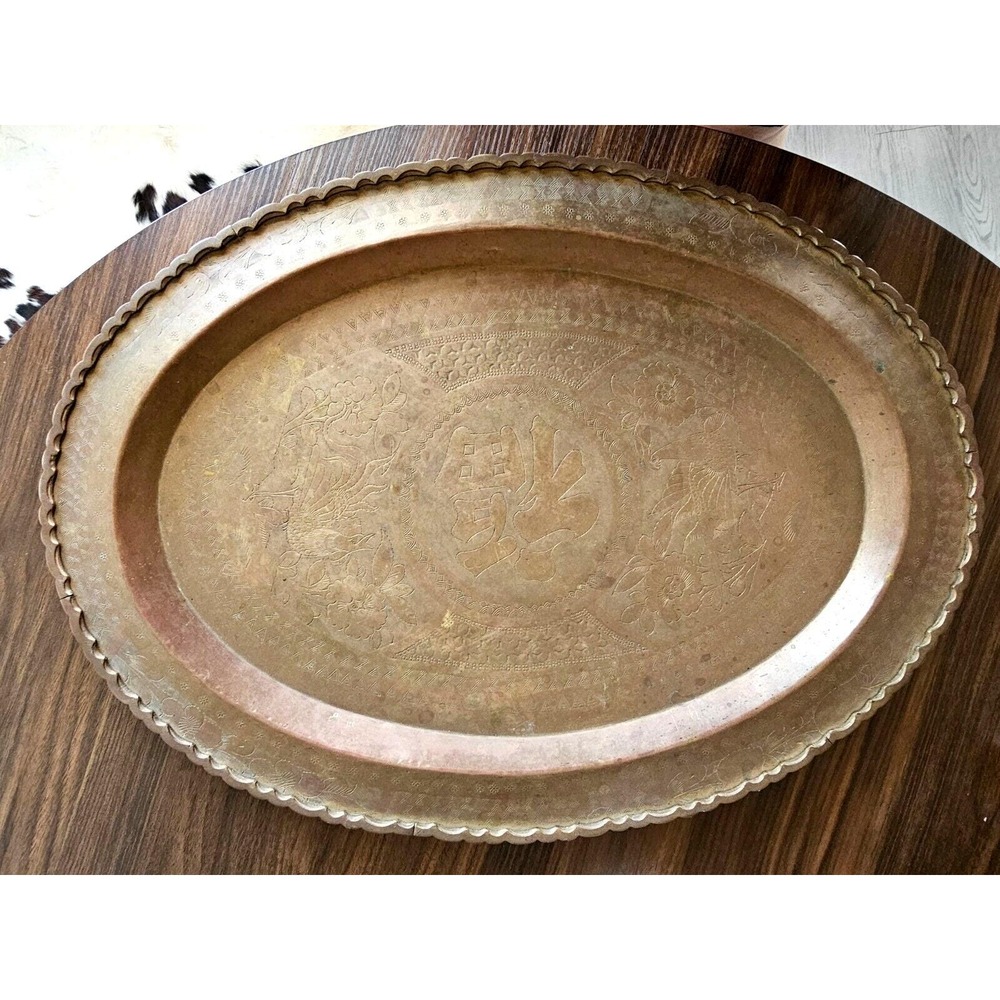 Antique Hong Kong Brass Oval Serving Tray Wall Decor Scalloped LARGE Rare